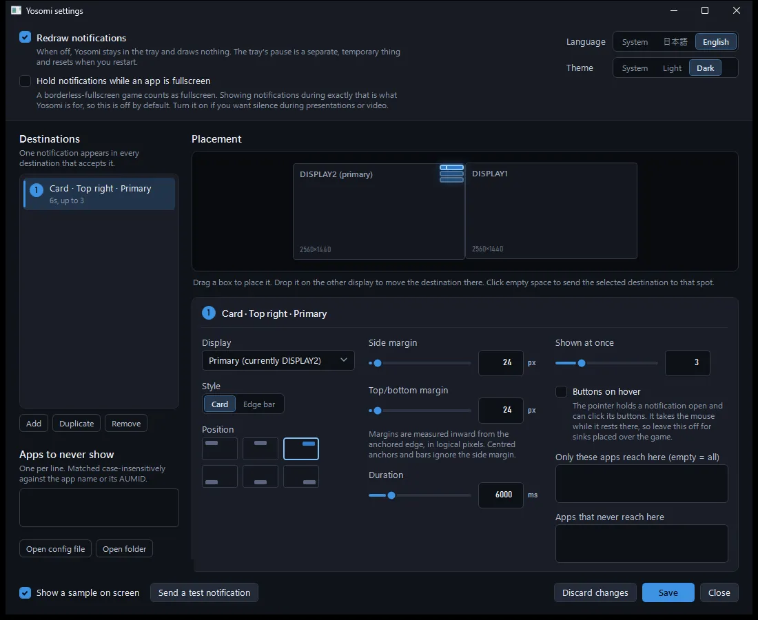 The settings window: a scaled map of two displays with the notification target sitting in the top-right of one, and margin and duration controls below